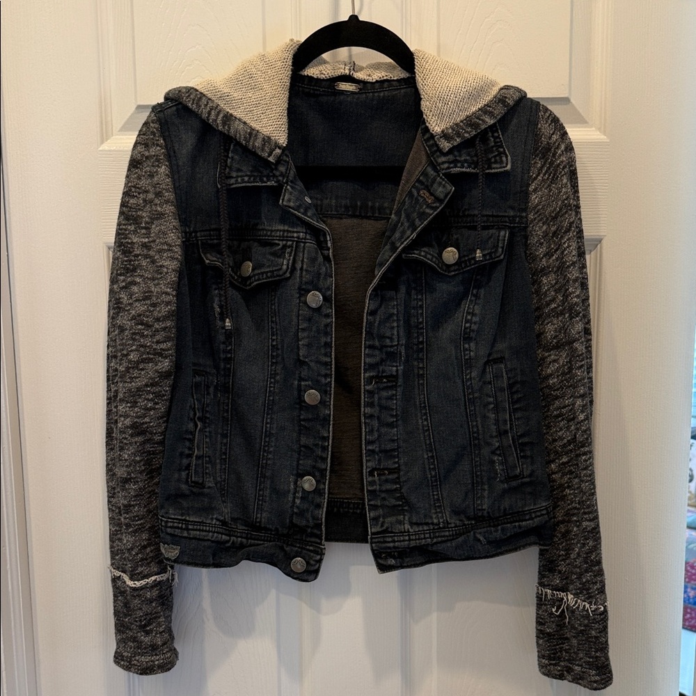 Free People Black Denim Jacket with Gray Knit Sleeves
